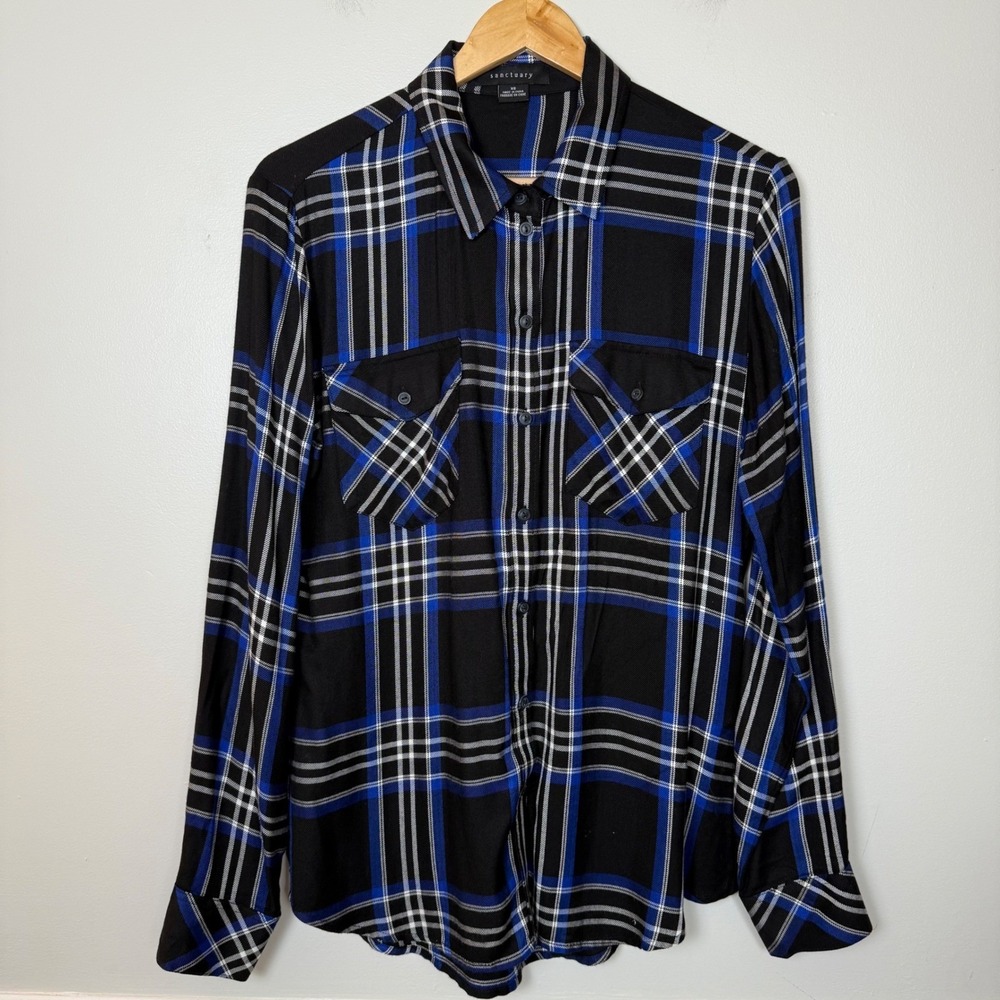 Sanctuary Plaid Button Front Shirt XS Black Blue Long Sleeve Pocket Top Rayon